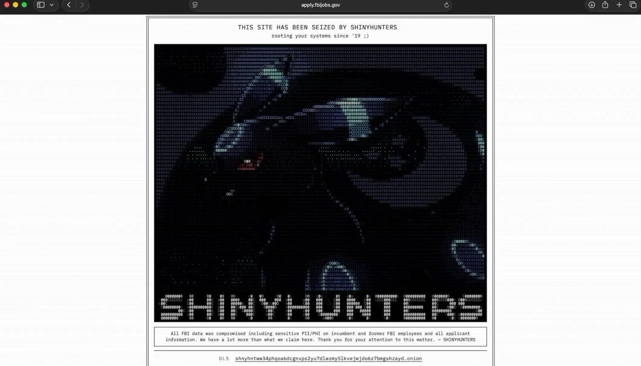 Defacement do site apply.fbijobs.gov pelo ShinyHunters, com o banner "THIS SITE HAS BEEN SEIZED BY SHINYHUNTERS"